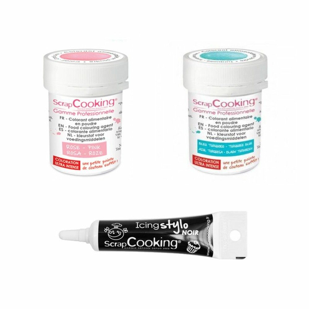 2 colorants alimentaires turquoise-rose poudré + stylo glaçage noir