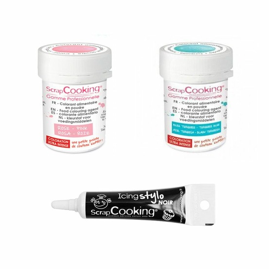 2 colorants alimentaires turquoise-rose poudré + stylo glaçage noir