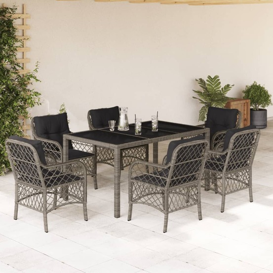 Ensemble à manger de jardin et coussins 7 pcs gris rotin