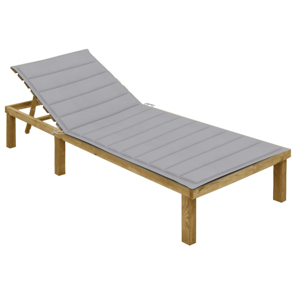 Chaise longue avec coussin gris bois de pin imprégné bain de soleil
