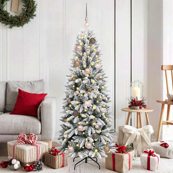 Sapin artificiel blanc design 150cm, pré-éclairé avec 150 led chaudes et 61 boules de noël