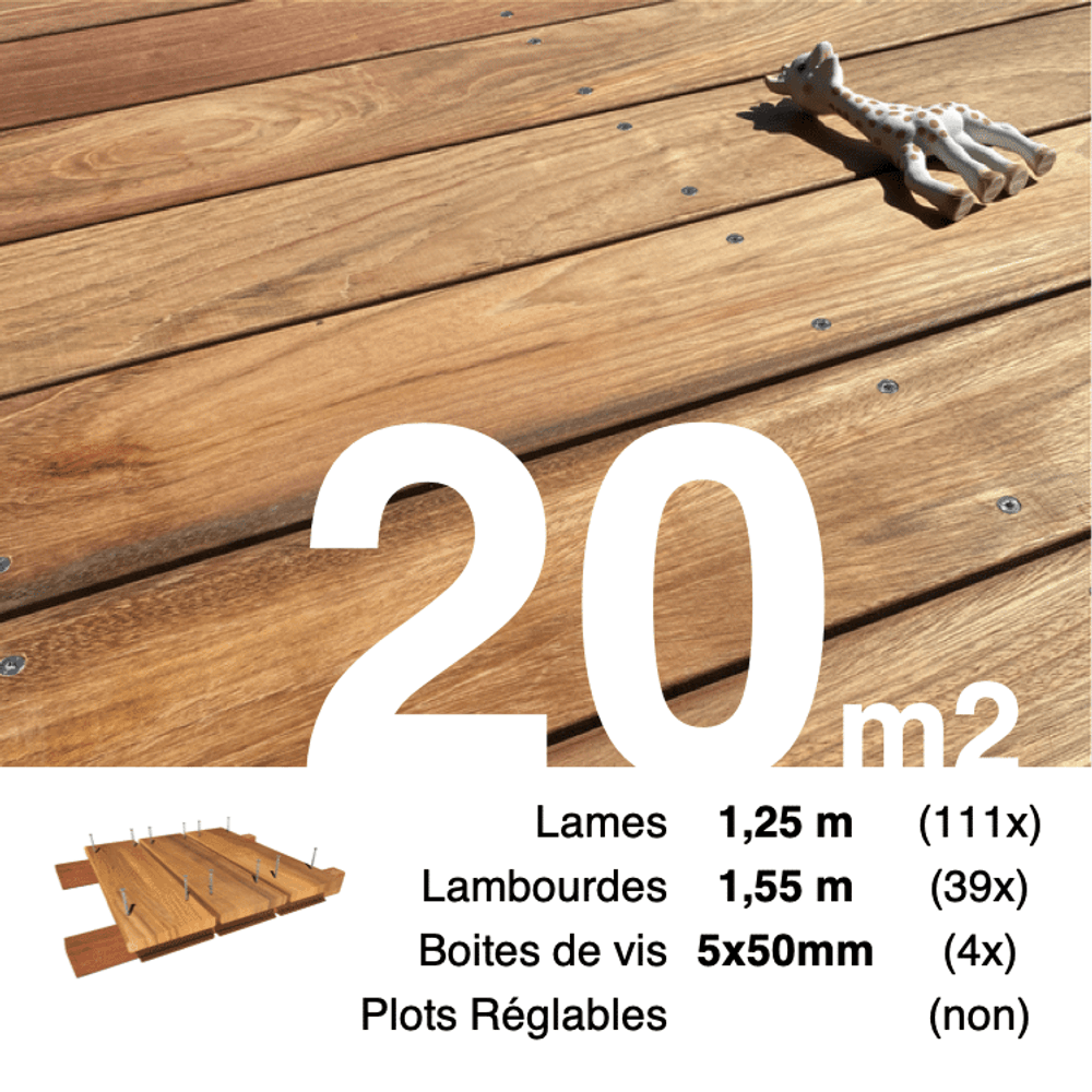 Kit terrasse bois exotique jatoba pour 20 m², lames 1,25 m, lambourdes 1,55 m et visserie inox.