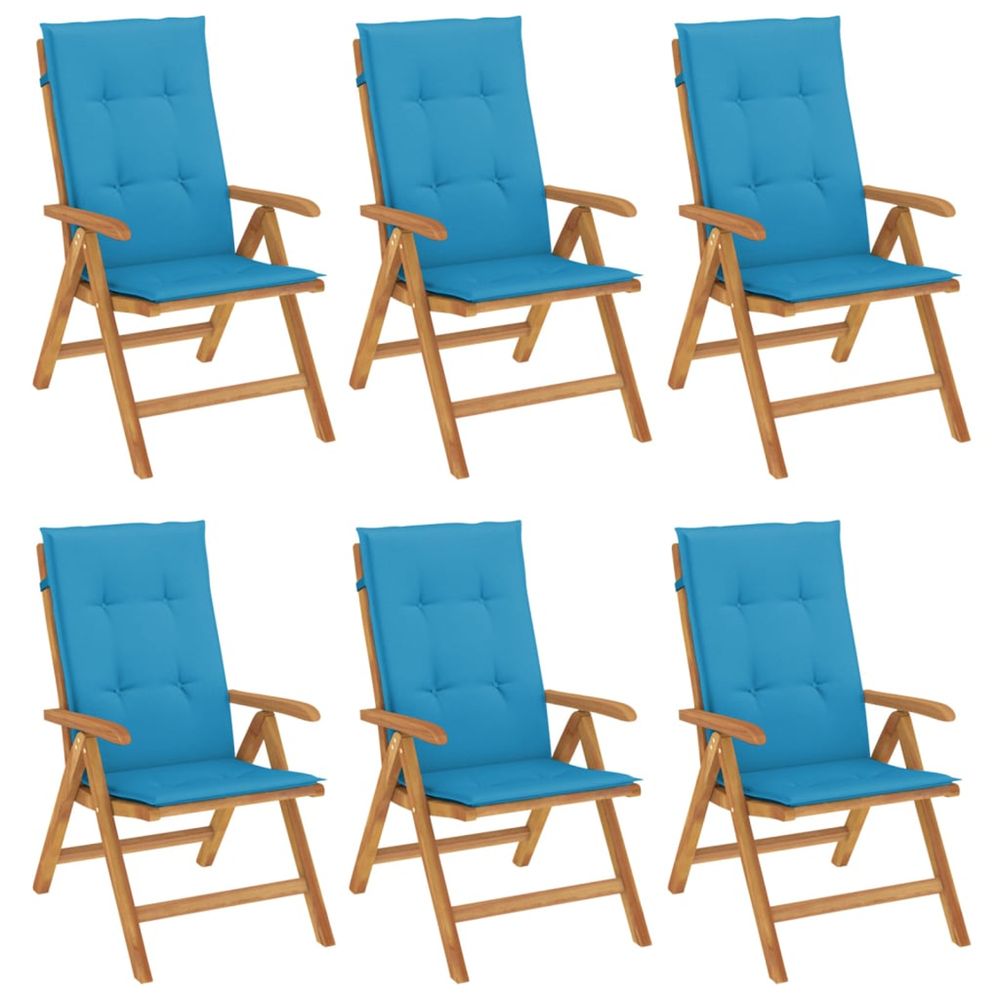 Fauteuils pliants inclinables avec coussins, 6 pièces, en bois massif de teck