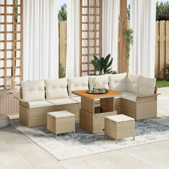 Ensemble de canapé de jardin avec coussin 9 pcs beige polyrotin