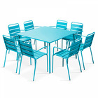 Ensemble table de jardin carrée et 8 fauteuils en métal bleu