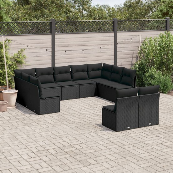 Salon de jardin 11 pcs avec coussins noir résine tressée
