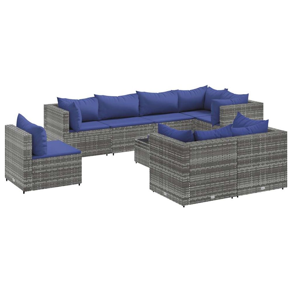 Salon de jardin 9 pcs avec coussins gris résine tressée