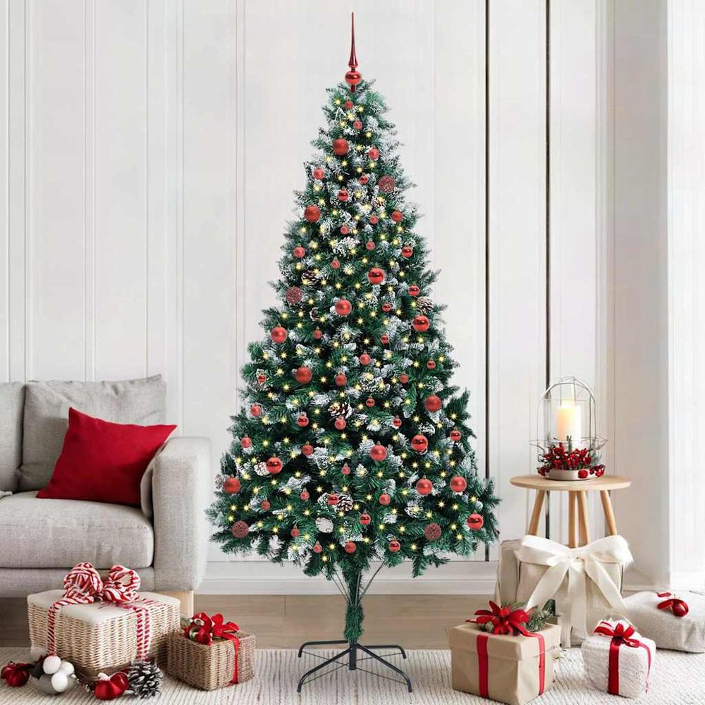 Sapin de noël artificiel 2m10 effet givré, pré-illuminé 300 led, avec 120 boules et cime