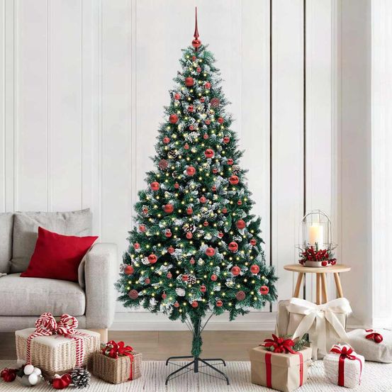 Sapin de noël artificiel 2m10 effet givré, pré-illuminé 300 led, avec 120 boules et cime