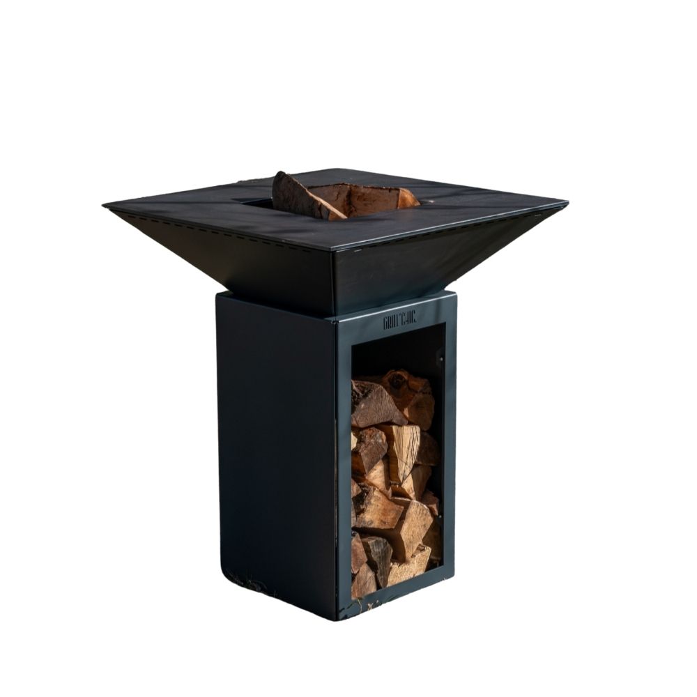 Cevenol double cuve aluminium - brasero avec rangement bois noir - design épuré et pratique pour un espace extérieur ordonné