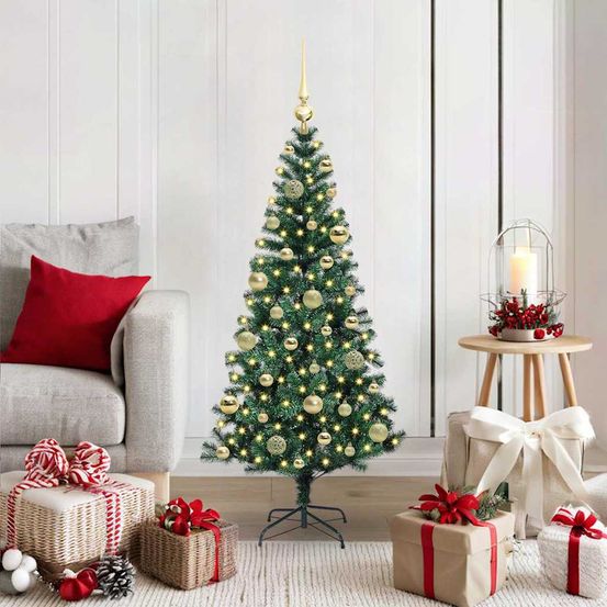 Sapin de noël artificiel 120 cm prêt à poser, set complet avec lumières et 60 boules