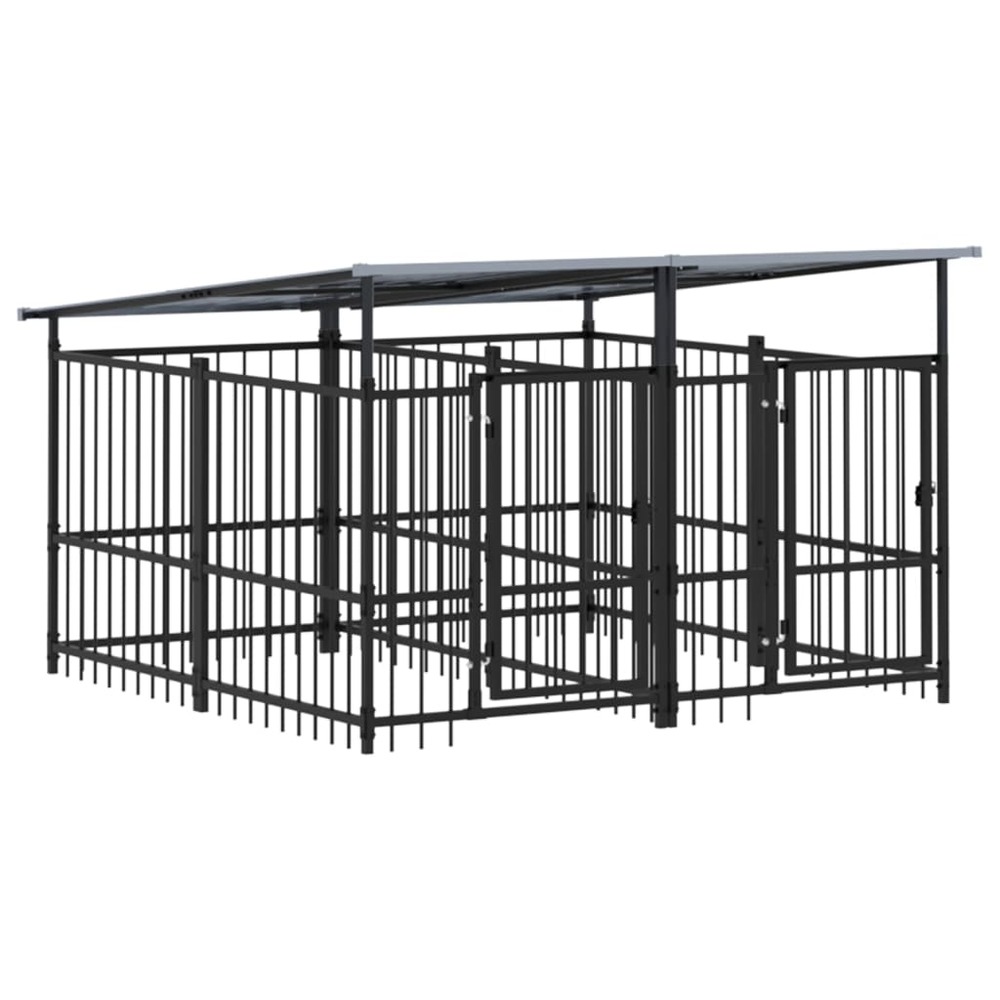 Chenil cage enclos pac animaux d'extérieur avec toit pour chiens acier 3,75 m² noir
