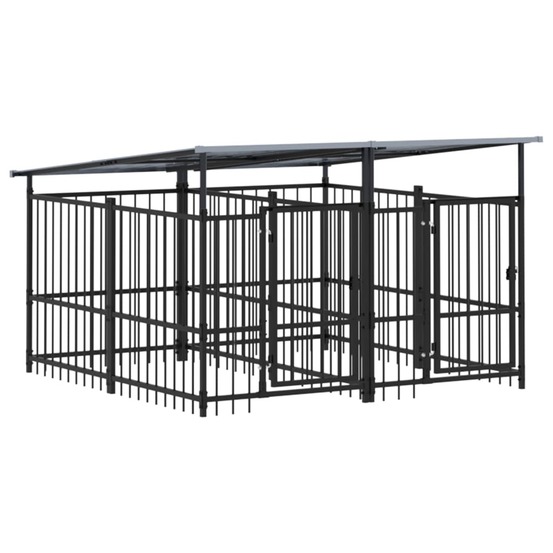 Chenil cage enclos pac animaux d'extérieur avec toit pour chiens acier 3,75 m² noir