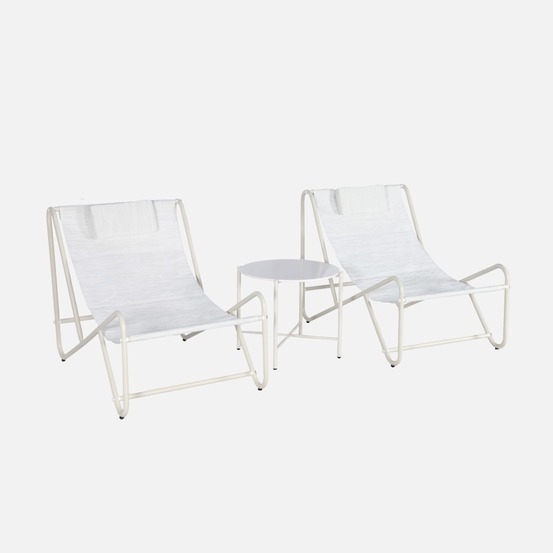 Set de 2 fauteuils relax beige avec table ronde, acier et textilène - salina