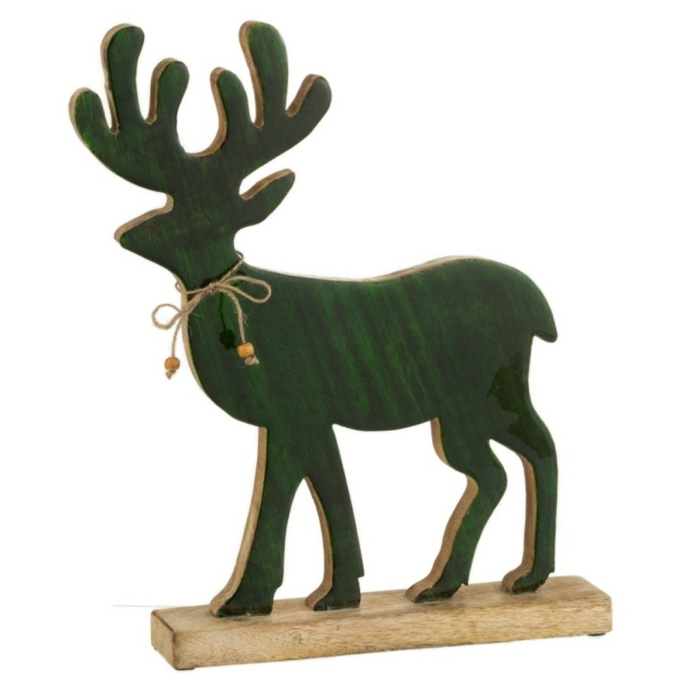 Renne sur socle en bois vert 41x34x6 cm