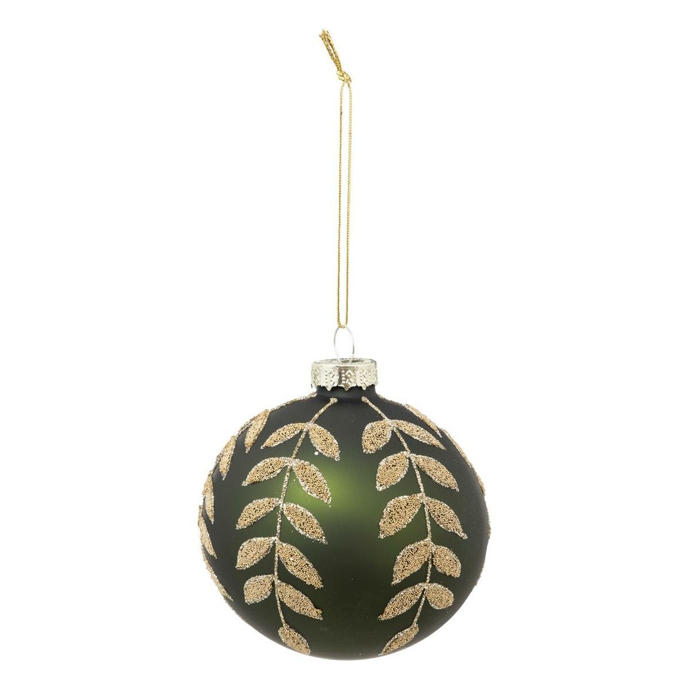 Boule de noël vert avec feuilles dorées en verre 80mm