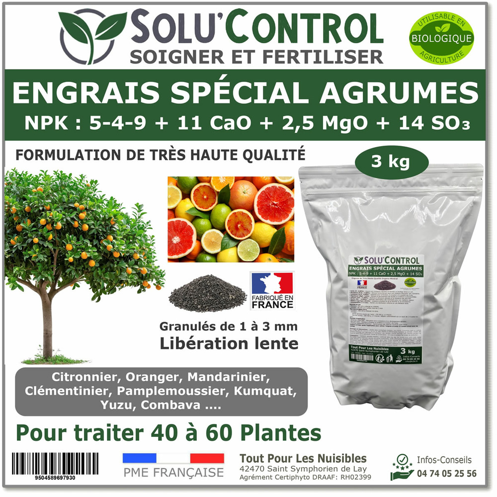 Engrais spécial agrumes 3 kg - solucontrol - formulation haute qualité organo-minerale - citronnier, oranger, mandarinier...