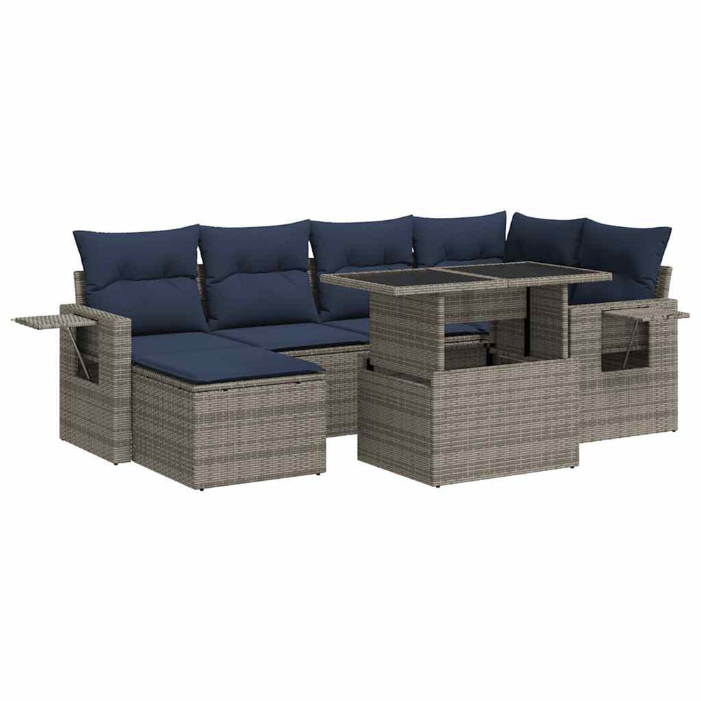 Salon de jardin avec coussins 7 pcs gris résine tressée acacia