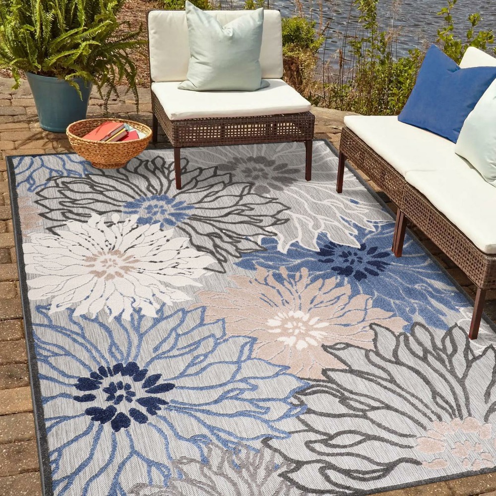 Tapis extérieur 200x290 tissé kilim bleu et gris chimeka