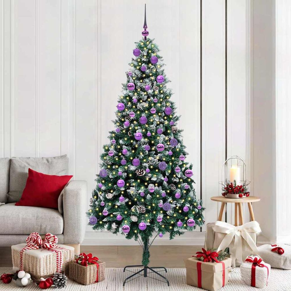 Sapin de noël artificiel 210 cm très dense, effet neige avec 300 led et décorations