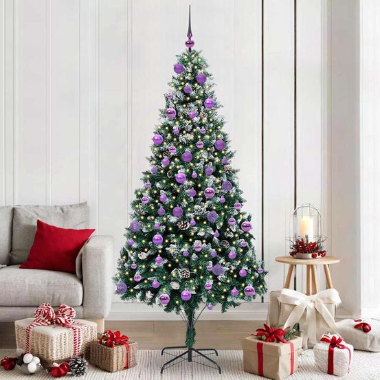 Sapin de noël artificiel 210 cm très dense, effet neige avec 300 led et décorations