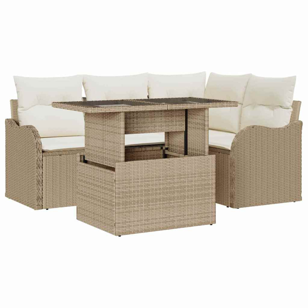Ensemble de repas extérieur avec coussin 5 pcs beige poly rotin