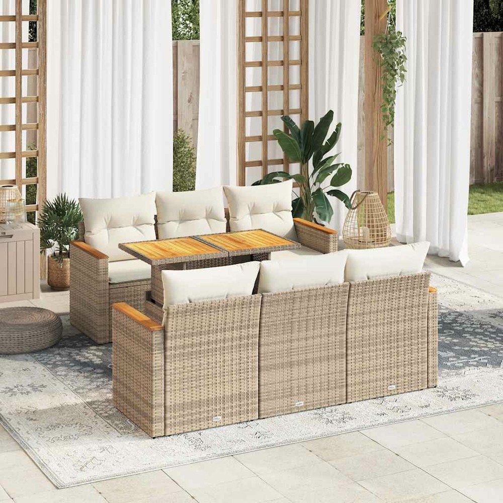 Salon de jardin avec coussins 7 pcs beige résine tressée acacia