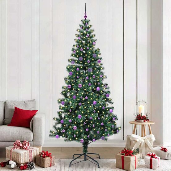 Sapin artificiel vert 240 cm, pack décoration de fête complet avec led et boules