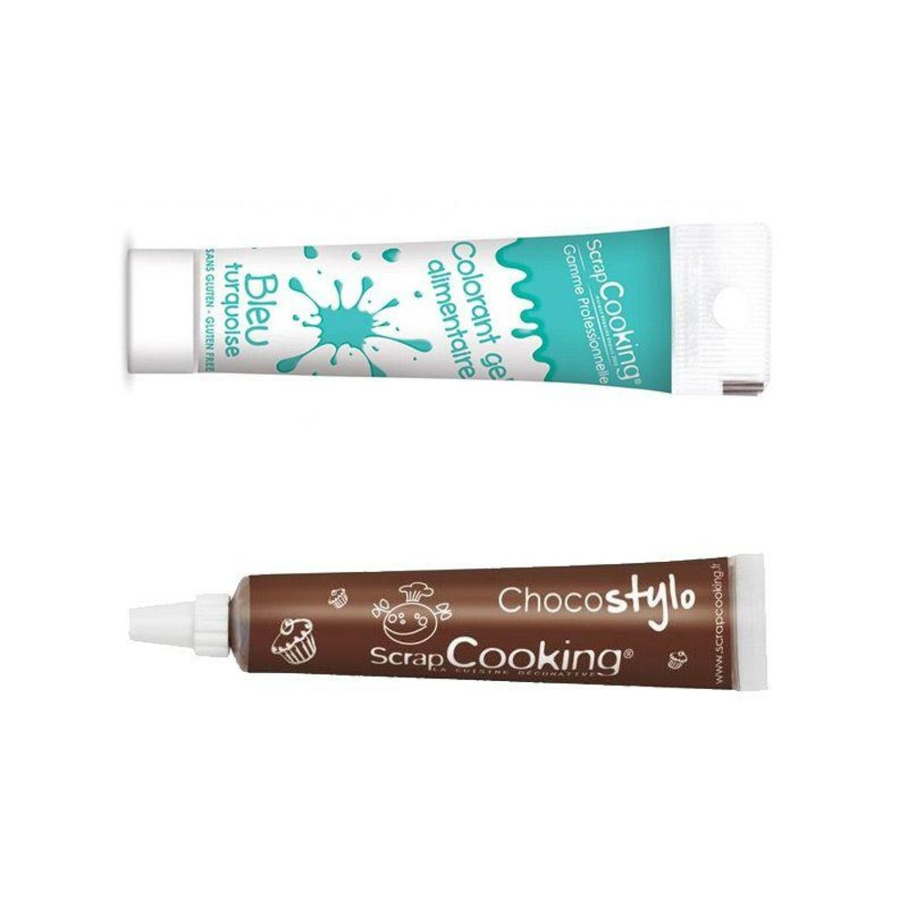 Stylo chocolat + gel colorant alimentaire bleu turquoise