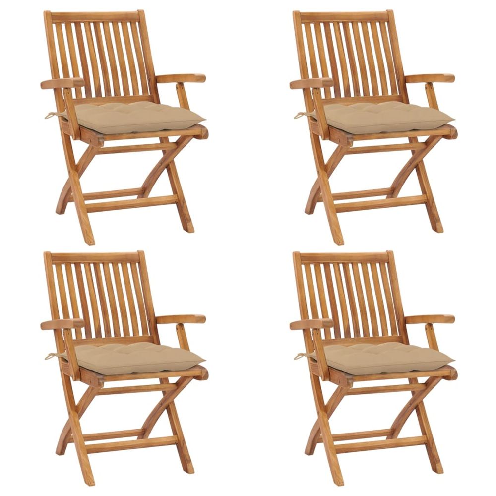 Chaises pliantes avec coussins, 4 pièces, en teck massif