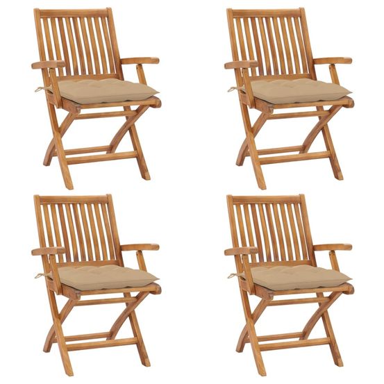 Chaises pliantes avec coussins, 4 pièces, en teck massif