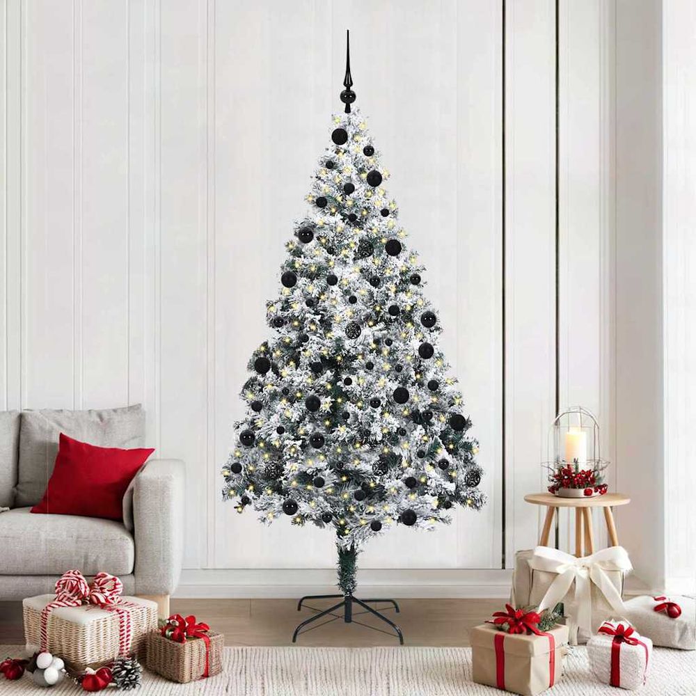 Sapin de noël vert 210 cm pré-illuminé 300 led, avec 120 boules de noël et support inclus