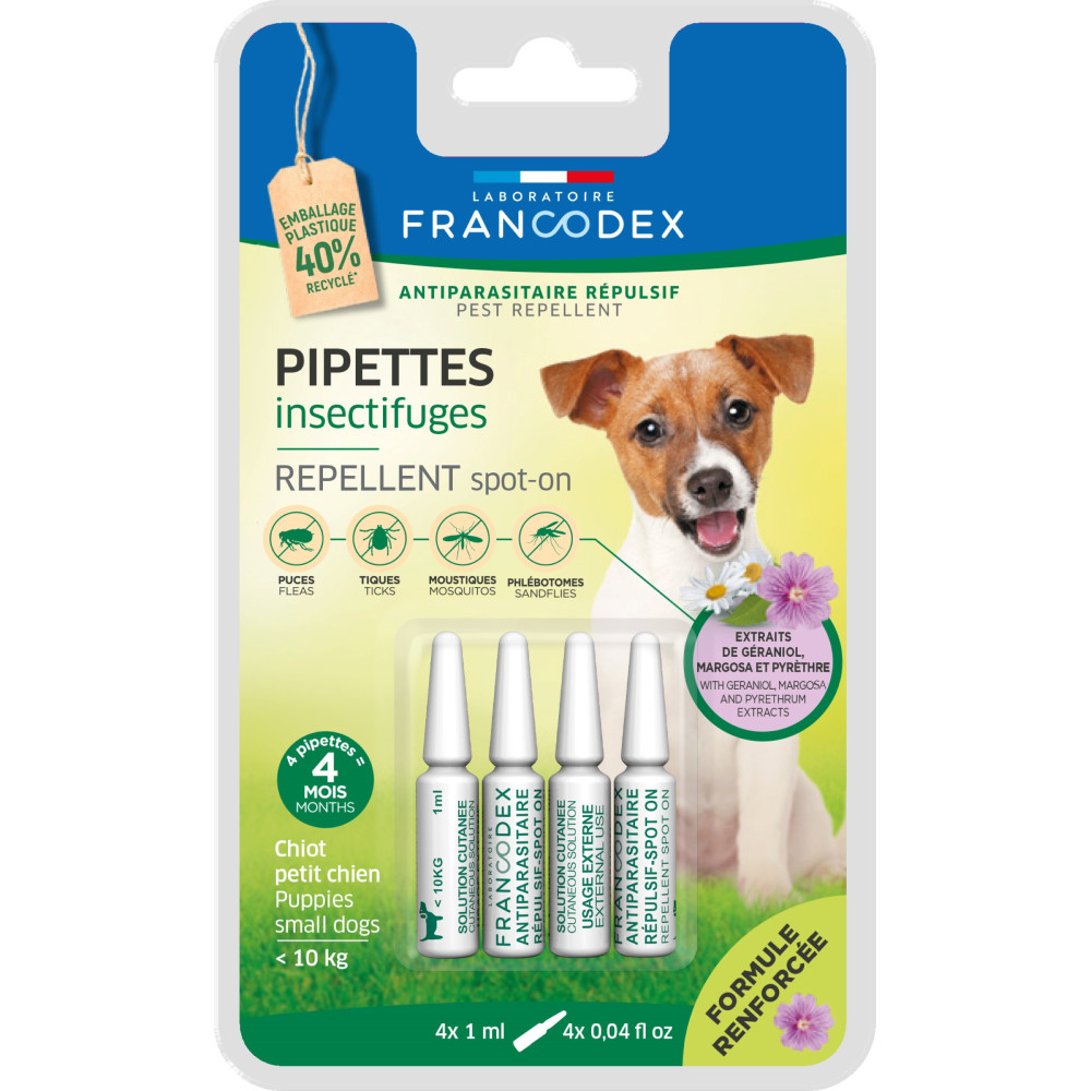 4 pipettes insectifuges chiots, petits chiens de moins de 10 kg formule ren