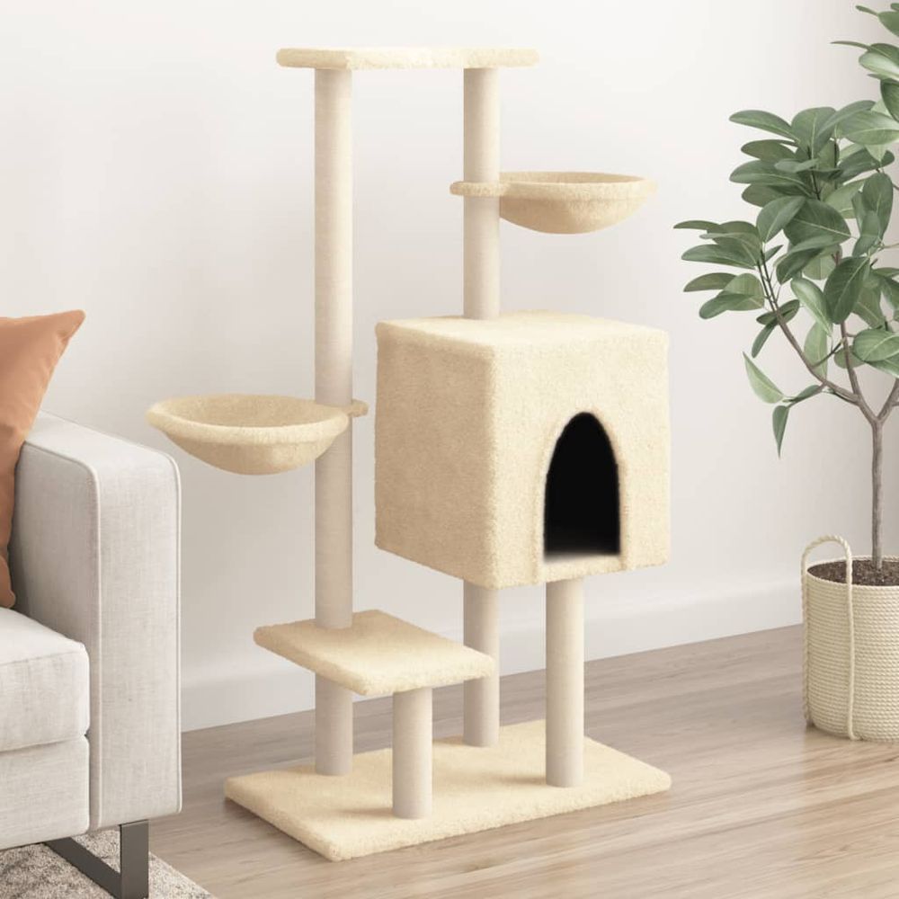 Arbre à chat double couchage sisal niche crème 117cm pour duo chats cosy