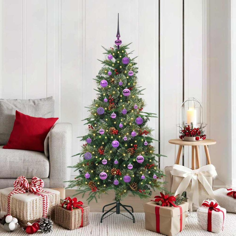 Sapin de noël lumineux 150 cm facile à monter, décorations pommes de pin et 150 led 8 modes
