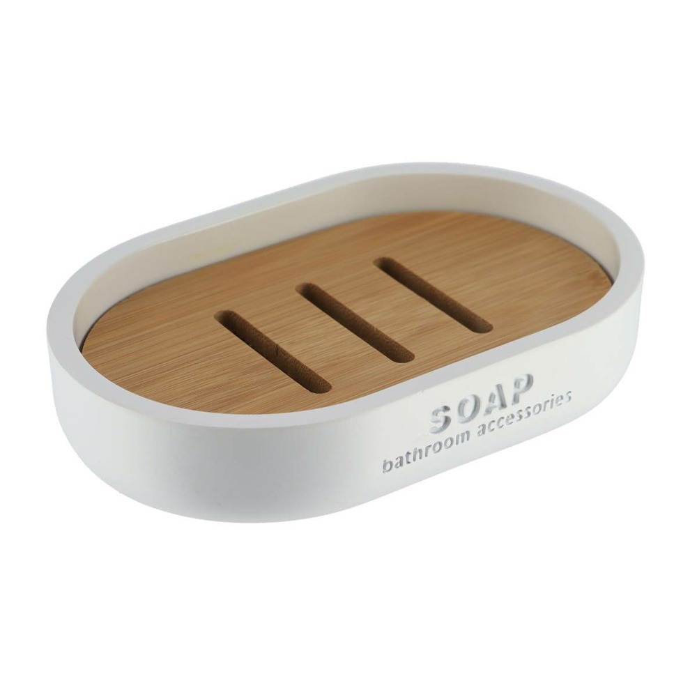 Porte savon polyresine - blanc/bambou