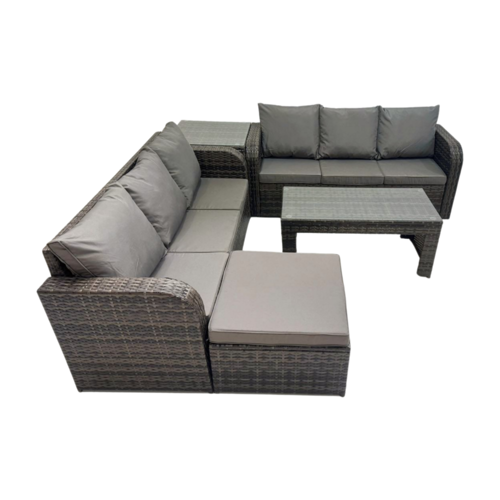 Salon de jardin avec table basse rectangulaire grand tabouret canapé 3 places table d'appoint gris foncé mixte