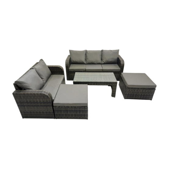 7 places salon de jardin exterieur avec table basse rectangulaire 2 grand tabourets gris foncé mixte