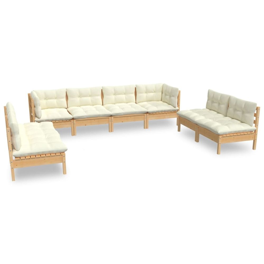 Salon de jardin 8 pcs avec coussins crème bois de pin massif