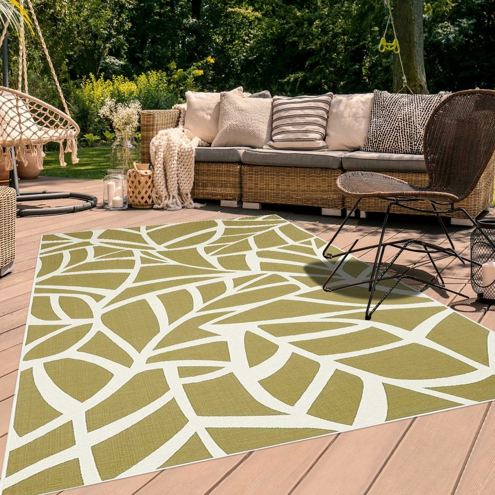 Tapis extérieur 160x230 tissé kilim vert feuille