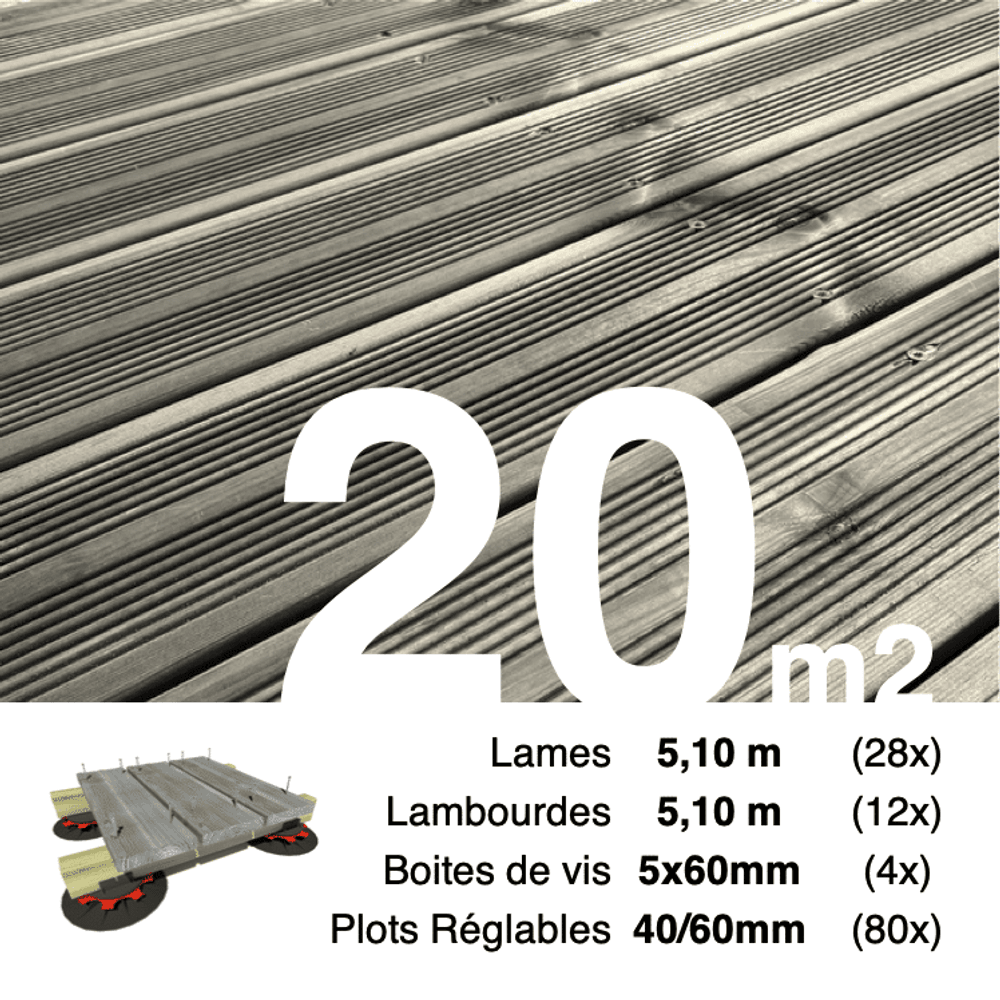 Kit complet terrasse pin autoclave gris pour 20 m², lames 5,1 m, lambourdes 5,1 m, plots réglables et visserie inox.