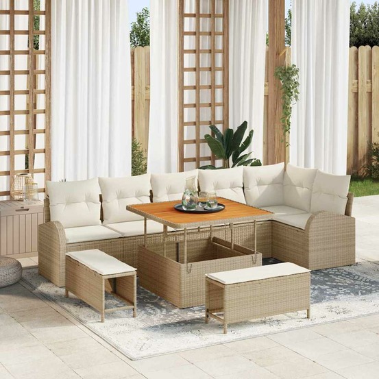 Ensemble de canapé de jardin avec coussin 9 pcs beige polyrotin