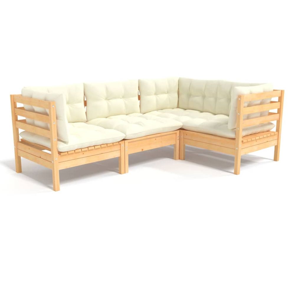 Salon de jardin 4 pcs avec coussins crème bois de pin