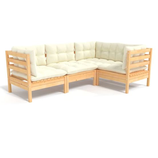 Salon de jardin 4 pcs avec coussins crème bois de pin