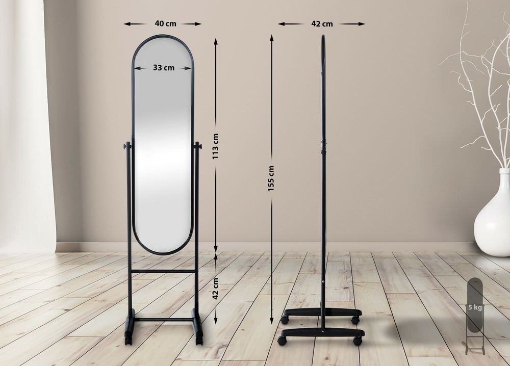 Miroir sur pied ovale nane avec structure en métal et roues