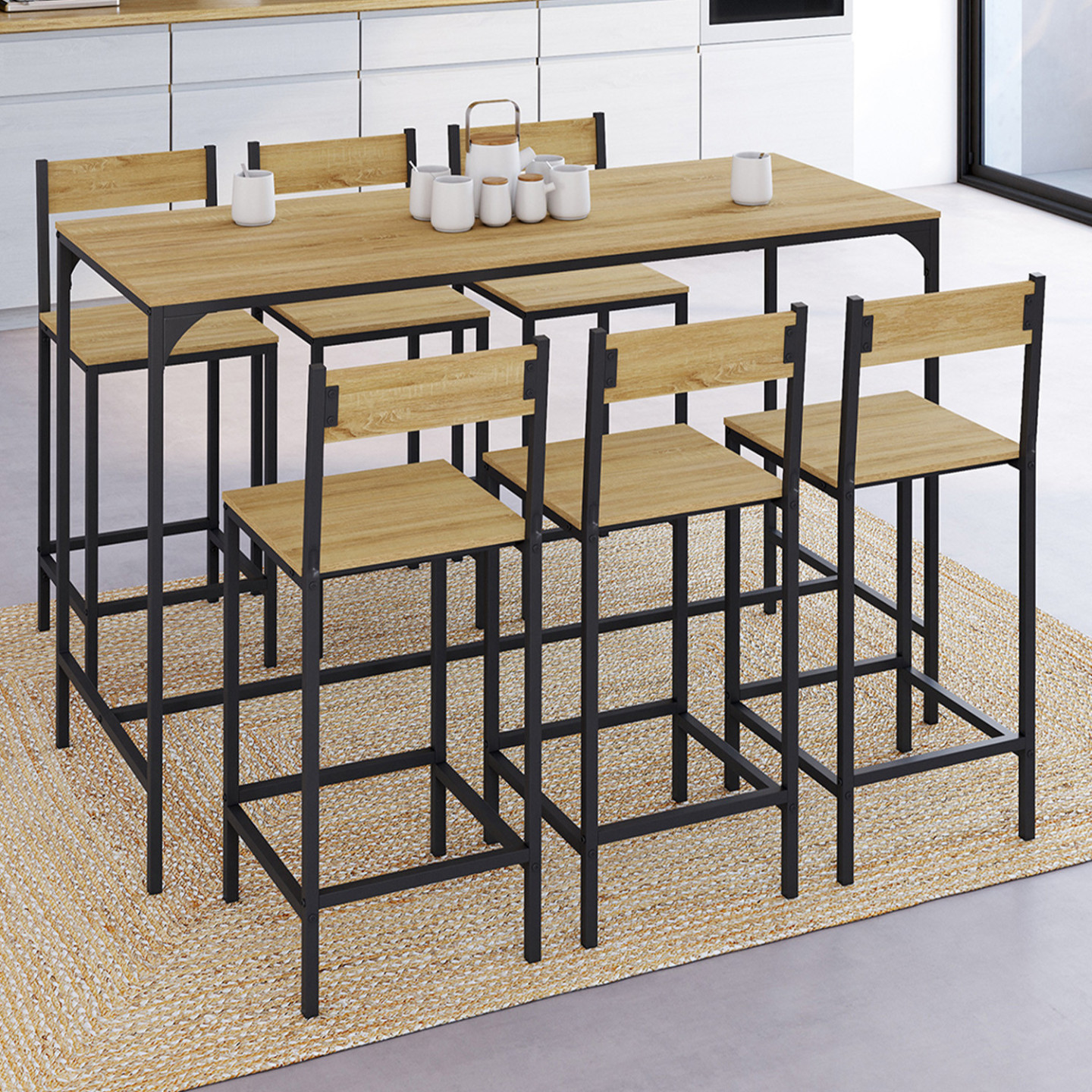 Ensemble table haute de bar detroit 150 cm et 6 chaises de bar design industriel