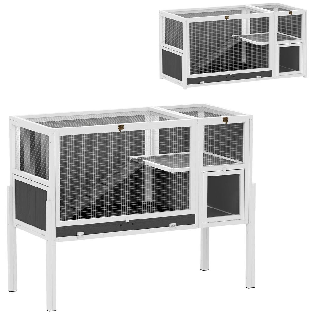 Cage lapin hamster bois intérieur fond amovible toit ouvrant gris 120x53x93cm