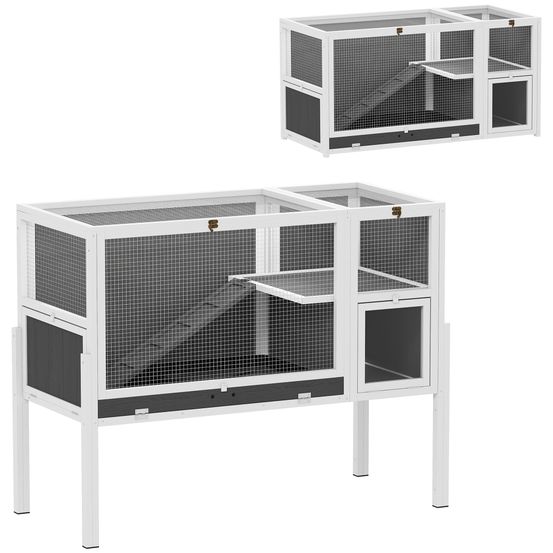 Cage lapin hamster bois intérieur fond amovible toit ouvrant gris 120x53x93cm
