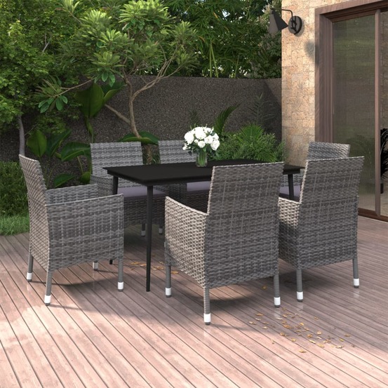 Ensemble à manger de jardin coussins 7 pcs résine tressée verre