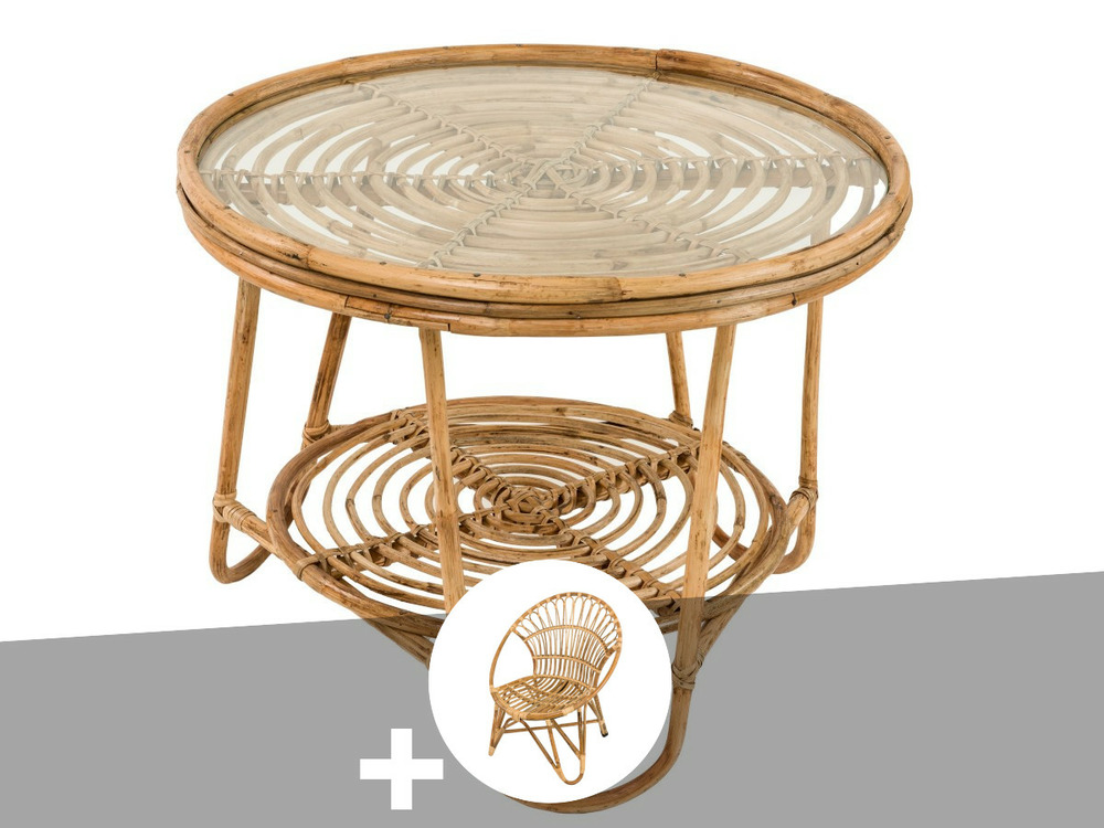 Ensemble salon de jardin bohème, fauteuil rotin rond + table basse
